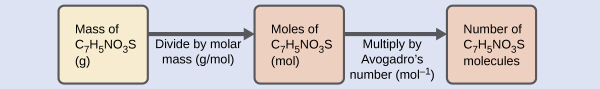 A diagram of three boxes connected by a right-facing arrow in between each is shown. The box on the left contains the phrase, “Mass of C subscript seven H subscript five N O subscript three S ( g ),” the middle box reads, “Moles of C subscript seven H subscript five N O subscript three S ( mol ),” while the one on the right contains the phrase, “Number of C subscript seven H subscript five N O subscript three S molecules.” There is a phrase under the left arrow that says, “Divide by molar mass (g / mol),” and under the right arrow it states, “Multiply by Avogadro’s number ( mol superscript negative one).”