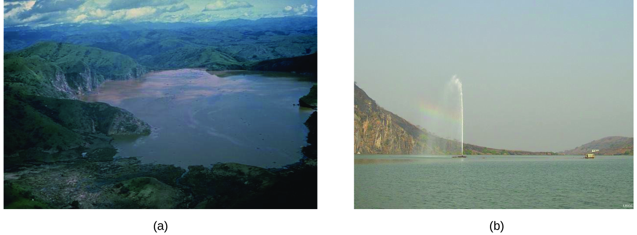 Two photos are shown. The first is an aerial view of a lake surrounded by green hills. The second shows a large body of water with a fountain sending liquid up into the air several yards or meters above the surface of the water.