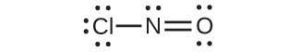 A Lewis structure shows a nitrogen atom with a lone pair of electrons single bonded to a chlorine atom that has three lone pairs of electrons. The nitrogen is also double bonded to an oxygen which has two lone pairs of electrons.