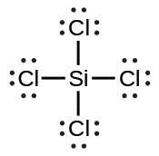 A Lewis structure shows a silicon atom that is single bonded to four chlorine atoms. Each chlorine atom has three lone pairs of electrons.