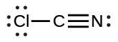 A Lewis structure shows a carbon atom that is triple bonded to a nitrogen atom that has one lone pair of electrons. The carbon is also single bonded to a chlorine atom that has three lone pairs of electrons.