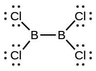 A Lewis structure shows two boron atoms that are single bonded together. Each is also single bonded to two chlorine atoms that both have three lone pairs of electrons.