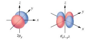 This figure contains two diagrams. The first is of a 2 p subscript y orbital. The second is of a d subscript x squared minus y squared orbital. The first diagram has two spherical shapes joined at the origin when oriented along the y axis on an x y and z coordinate plane. The second diagram shows four ellipsoid lobes with ends centered around the origin. Two of these ellipsoid lobes are oriented along the x axis and two are oriented along the y axis on the x y and z coordinate plane.