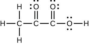 A Lewis structure is shown. A carbon atom is single bonded to three hydrogen atoms and a carbon atom. The carbon atom is single bonded to an oxygen atom and a third carbon atom. This carbon is then single bonded to two oxygen atoms, one of which is single bonded to a hydrogen atom. Each oxygen atom has two lone pairs of electron dots.