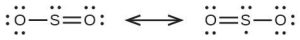 Two Lewis structures are shown with a double-headed arrow in between. The left structure shows a sulfur atom with a lone pair of electrons single bonded to the left to an oxygen atom with three lone pairs of electrons. The sulfur atom is also double bonded on the right to an oxygen atom with two lone pairs of electrons. The right structure depicts the same atoms, but this time the double bond is between the left oxygen and the sulfur atom. The lone pairs of electrons have also shifted to account for the change of bond types. The sulfur atom in the right structures, also has a third electron dot below it.