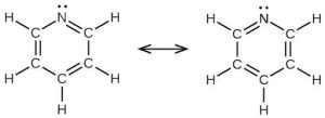 Two Lewis structures are shown with a double-headed arrow in between. The left structure depicts a hexagonal ring composed of five carbon atoms, each single bonded to a hydrogen atom, and one nitrogen atom that has a lone pair of electrons. The ring has alternating single and double bonds. The right structure is the same as the first, but each double bond has rotated to a new position.