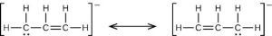 Two Lewis structures are shown with a double-headed arrow in between. The left structure shows a carbon atom single bonded to two hydrogen atoms and a second carbon atom. The second carbon atom is single bonded to a hydrogen atom and double bonded to a third carbon atom. The third carbon atom is single bonded to two hydrogen atoms. The whole structure is surrounded by brackets and a superscripted negative sign. The right structure shows a carbon atom single bonded to two hydrogen atoms and double bonded to a second carbon atom. The second carbon atom is single bonded to a hydrogen atom and a third carbon atom. The third carbon atom is single bonded to two hydrogen atoms. The whole structure is surrounded by brackets and a superscripted negative sign.