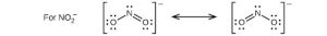A pair of Lewis structures are shown with a double-headed arrow in between the pair. The left structure of the first pair shows a nitrogen atom with one lone pair of electrons single bonded to an oxygen atom with three lone pairs of electrons. It is also double bonded to an oxygen with two lone pairs of electrons. The right image of this pair depicts the mirror image of the left. Both images are surrounded by brackets and a superscripted negative sign. They are labeled, “For N O subscript two superscript negative sign.”