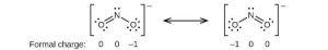 [Two Lewis structures are shown, with brackets surrounding each with a superscripted negative sign and a double ended arrow in between. The left structure shows a nitrogen atom with one lone pair of electrons single bonded to an oxygen atom with three lone pairs of electrons and double bonded to an oxygen atom with two lone pairs of electrons. The symbols and numbers below this structure read “open parenthesis, 0, close parenthesis, open parenthesis, 0, close parenthesis, open parenthesis, negative 1, close parenthesis. The right structure appears as a mirror image of the left and the symbols and numbers below this structure read “open parenthesis, negative 1, close parenthesis, open parenthesis, 0, close parenthesis, open parenthesis, 0, close parenthesis.]