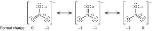 [Three Lewis structures are shown, with brackets surrounding each with a superscripted negative sign and a double ended arrow in between. The left structure shows a nitrogen atom single bonded to two oxygen atoms, each with three lone pairs of electrons and double bonded to an oxygen atom with two lone pairs of electrons. The single bonded oxygen atoms are labeled, from the top of the structure and going clockwise, “open parenthesis, negative 1, close parenthesis, open parenthesis, positive 1, close parenthesis”. The symbols and numbers below this structure read “open parenthesis, 0, close parenthesis, open parenthesis, negative 1, close parenthesis. The middle structure shows a nitrogen atom single bonded to two oxygen atoms, each with three lone pairs of electrons, one of which is labeled “open parenthesis, positive 1, close parenthesis” and double bonded to an oxygen atom with two lone pairs of electrons labeled “open parenthesis, 0, close parenthesis”. The symbols and numbers below this structure read “open parenthesis, negative 1, close parenthesis, open parenthesis, negative 1, close parenthesis. The right structure shows a nitrogen atom single bonded to two oxygen atoms, each with three lone pairs of electrons and double bonded to an oxygen atom with two lone pairs of electrons. One of the single bonded oxygen atoms is labeled, “open parenthesis, negative 1, close parenthesis while the double bonded oxygen is labeled, “open parenthesis, positive 1, close parenthesis”. The symbols and numbers below this structure read “open parenthesis, negative 1, close parenthesis” and “open parenthesis, 0, close parenthesis”.]