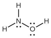 A Lewis structure shows a nitrogen atom with one lone pair of electrons single bonded to two hydrogen atoms and an oxygen atom which has two lone pairs of electrons. The oxygen atom is single bonded to a hydrogen atom.