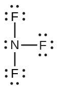 A Lewis structure shows a nitrogen atom with one lone pair of electrons single bonded to three fluorine atoms, each with three lone pairs of electrons.