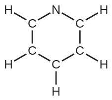 A Lewis structure depicts a hexagonal ring composed of five carbon atoms and one nitrogen atom. Each carbon atom is single bonded to a hydrogen atom.