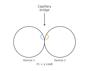 Schematic of a capillary bridge between two particles generating an attractive force.